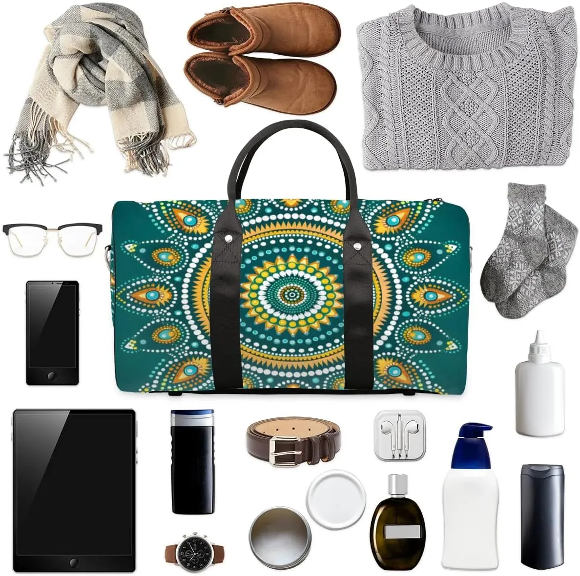 Travel Duffel Bag, Boho Mandala Pattern Sports Tote Gym Bag Foldable Western Aztec Weekender Bag Carry on Luggage Handle Bag Overnight Shoulder Bag for Women Men,A-1477