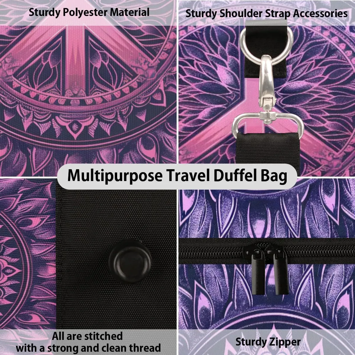 Travel Duffel Bag, Boho Mandala Peace Sign Sports Tote Gym Bag Foldable Western Aztec Weekender Bag Carry on Luggage Handle Bag Overnight Shoulder Bag for Women Men,A-1479