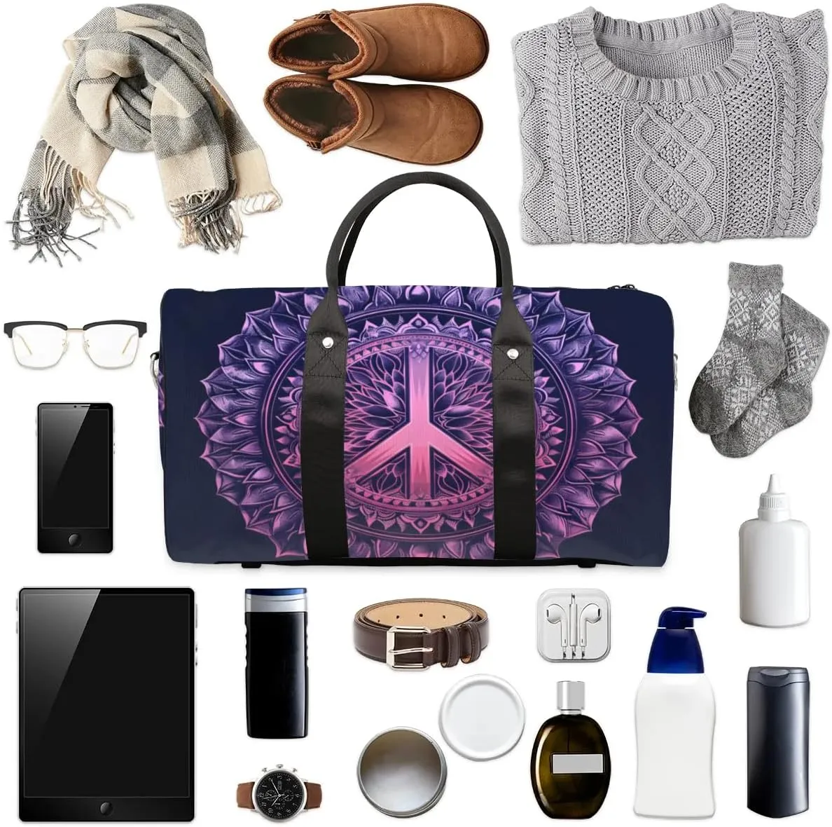 Travel Duffel Bag, Boho Mandala Peace Sign Sports Tote Gym Bag Foldable Western Aztec Weekender Bag Carry on Luggage Handle Bag Overnight Shoulder Bag for Women Men,A-1479