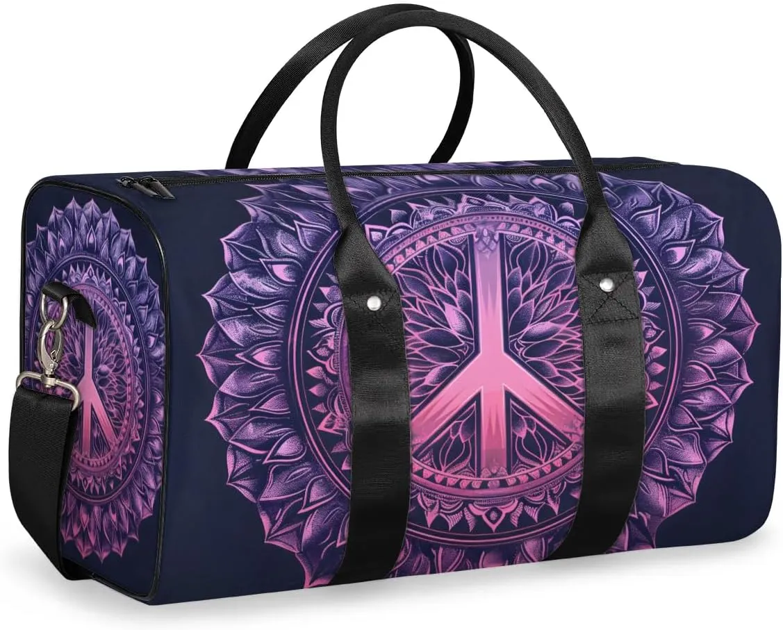Travel Duffel Bag, Boho Mandala Peace Sign Sports Tote Gym Bag Foldable Western Aztec Weekender Bag Carry on Luggage Handle Bag Overnight Shoulder Bag for Women Men,A-1479