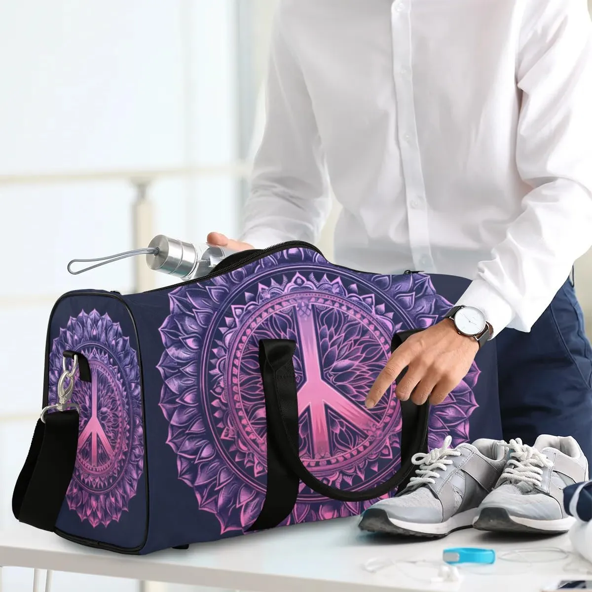 Travel Duffel Bag, Boho Mandala Peace Sign Sports Tote Gym Bag Foldable Western Aztec Weekender Bag Carry on Luggage Handle Bag Overnight Shoulder Bag for Women Men,A-1479