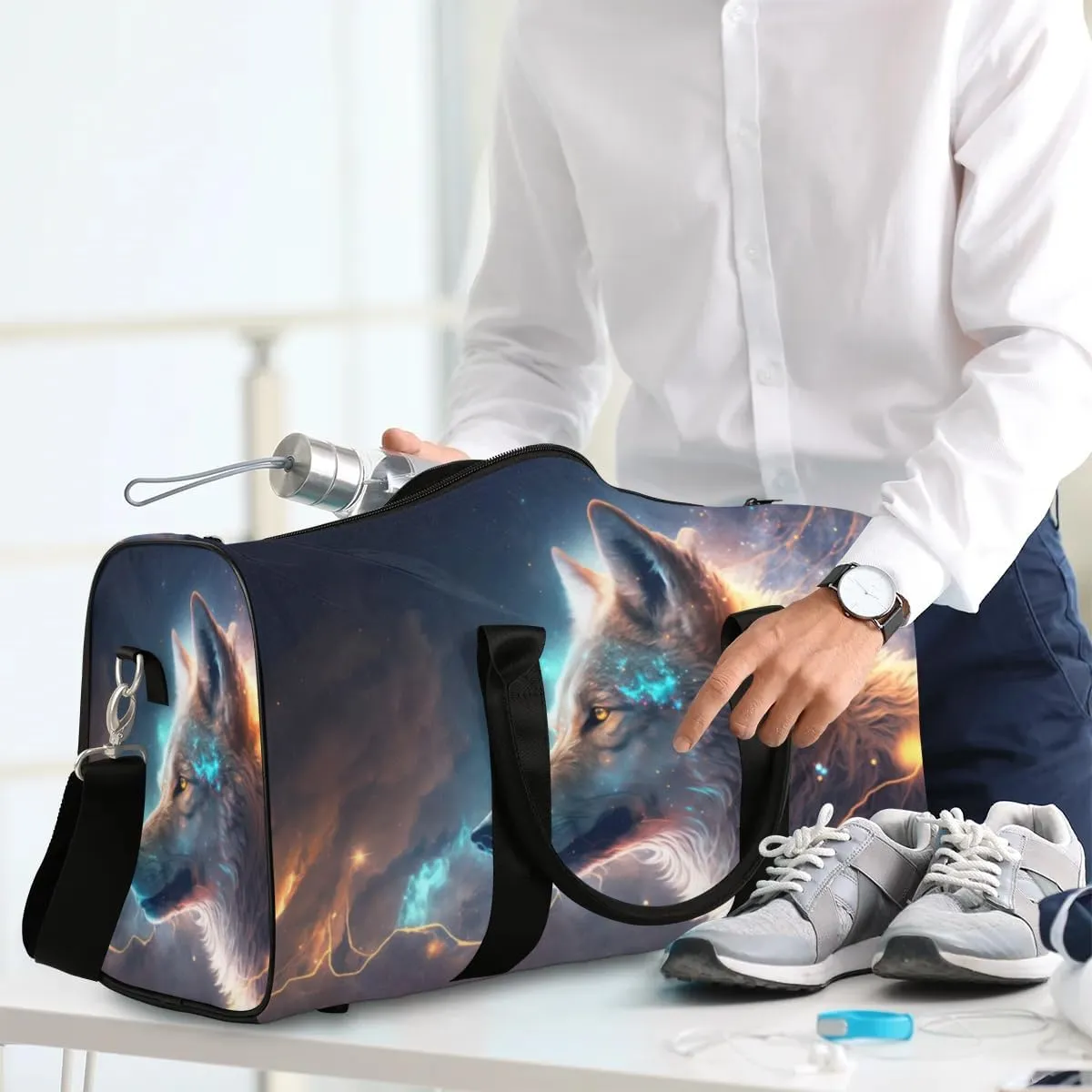 Travel Duffel Bag, Galaxy Animal Wolf Sports Tote Gym Bag Foldable Western Aztec Weekender Bag Carry on Luggage Handle Bag Overnight Shoulder Bag for Women Men,A-255