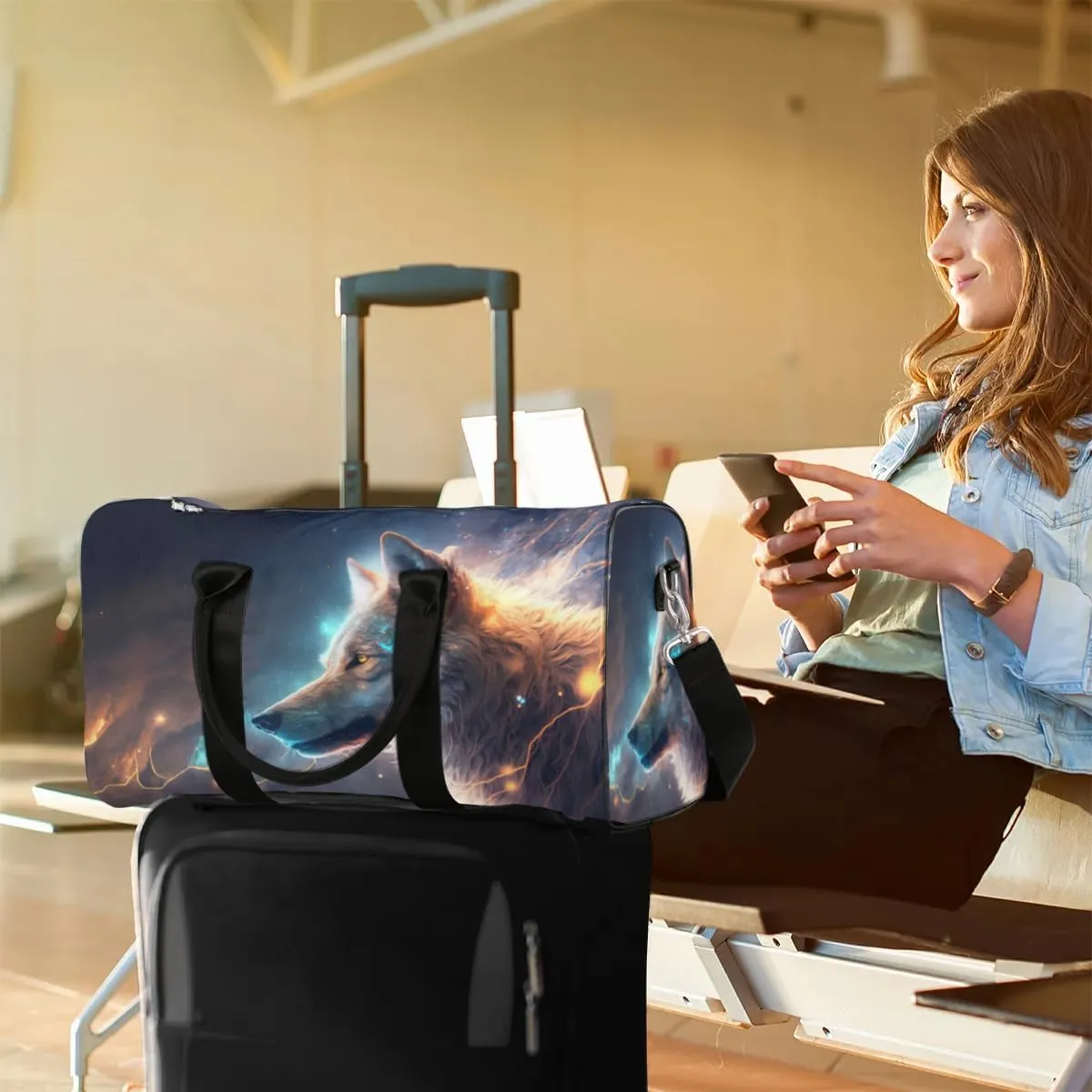 Travel Duffel Bag, Galaxy Animal Wolf Sports Tote Gym Bag Foldable Western Aztec Weekender Bag Carry on Luggage Handle Bag Overnight Shoulder Bag for Women Men,A-255