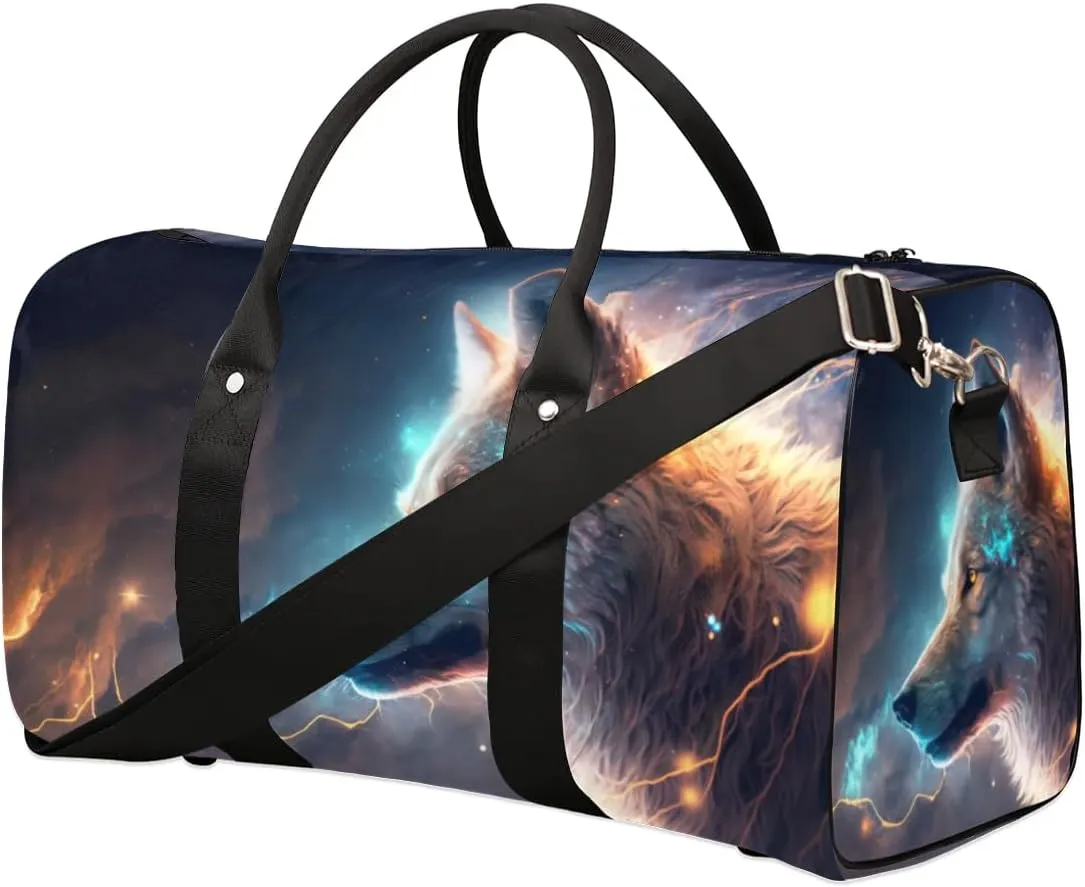 Travel Duffel Bag, Galaxy Animal Wolf Sports Tote Gym Bag Foldable Western Aztec Weekender Bag Carry on Luggage Handle Bag Overnight Shoulder Bag for Women Men,A-255