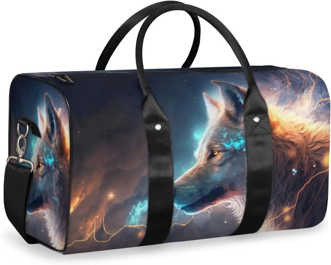 Travel Duffel Bag, Galaxy Animal Wolf Sports Tote Gym Bag Foldable Western Aztec Weekender Bag Carry on Luggage Handle Bag Overnight Shoulder Bag for Women Men,A-255