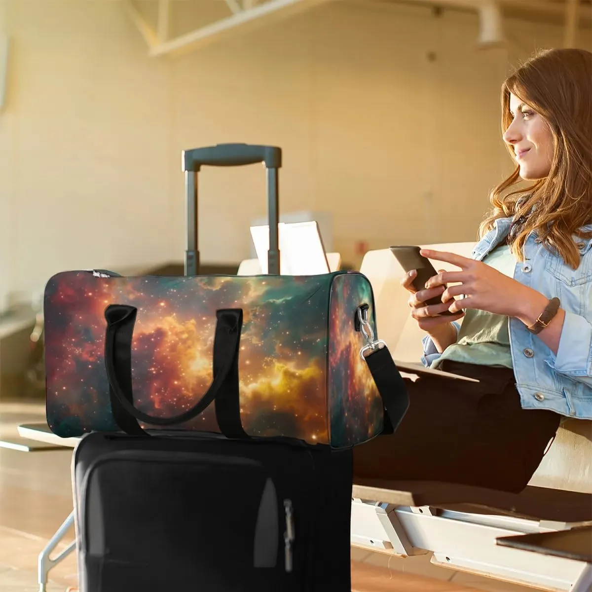 Travel Duffel Bag, Galaxy Nebulae Space Sports Tote Gym Bag Foldable Western Aztec Weekender Bag Carry on Luggage Handle Bag Overnight Shoulder Bag for Women Men,A-261