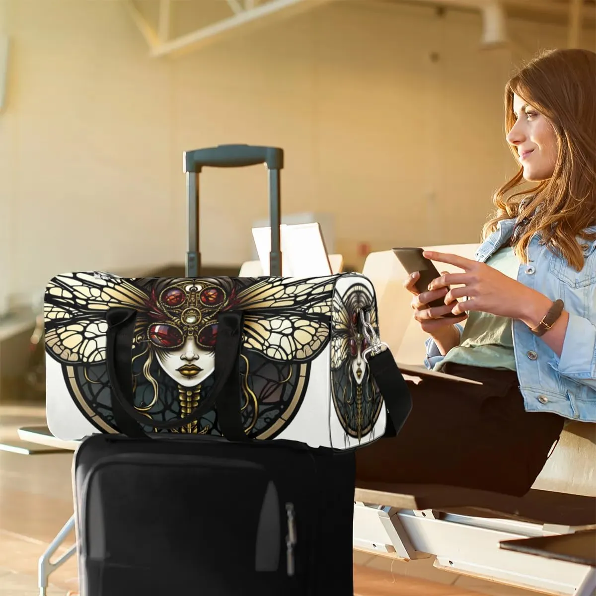 Travel Duffel Bag, Gothic Dragonfly Sports Tote Gym Bag Foldable Western Aztec Weekender Bag Carry on Luggage Handle Bag Overnight Shoulder Bag for Women Men,A-156
