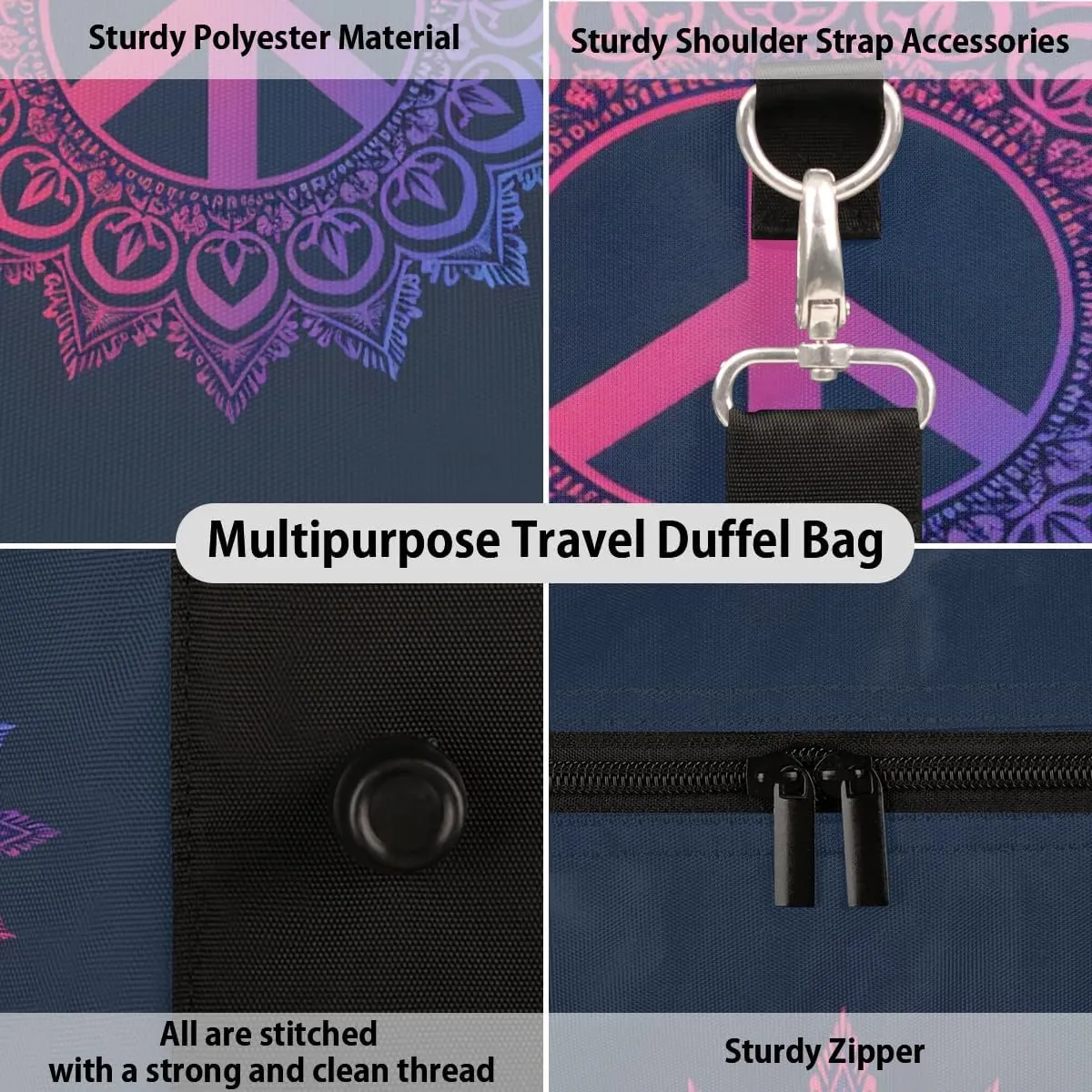 Travel Duffel Bag, Mandala Boho Peace Sign Sports Tote Gym Bag Foldable Western Aztec Weekender Bag Carry on Luggage Handle Bag Overnight Shoulder Bag for Women Men,A-446