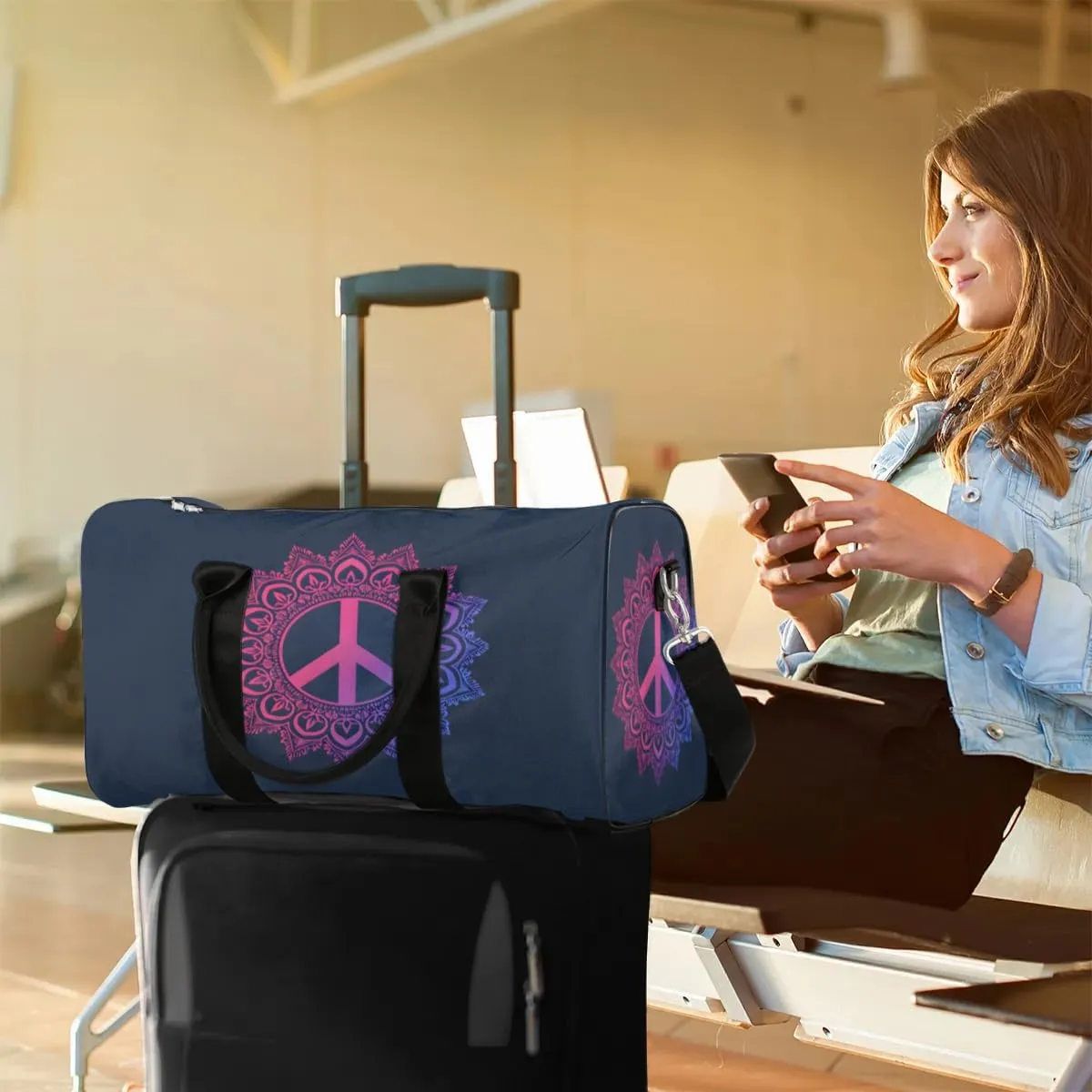 Travel Duffel Bag, Mandala Boho Peace Sign Sports Tote Gym Bag Foldable Western Aztec Weekender Bag Carry on Luggage Handle Bag Overnight Shoulder Bag for Women Men,A-446
