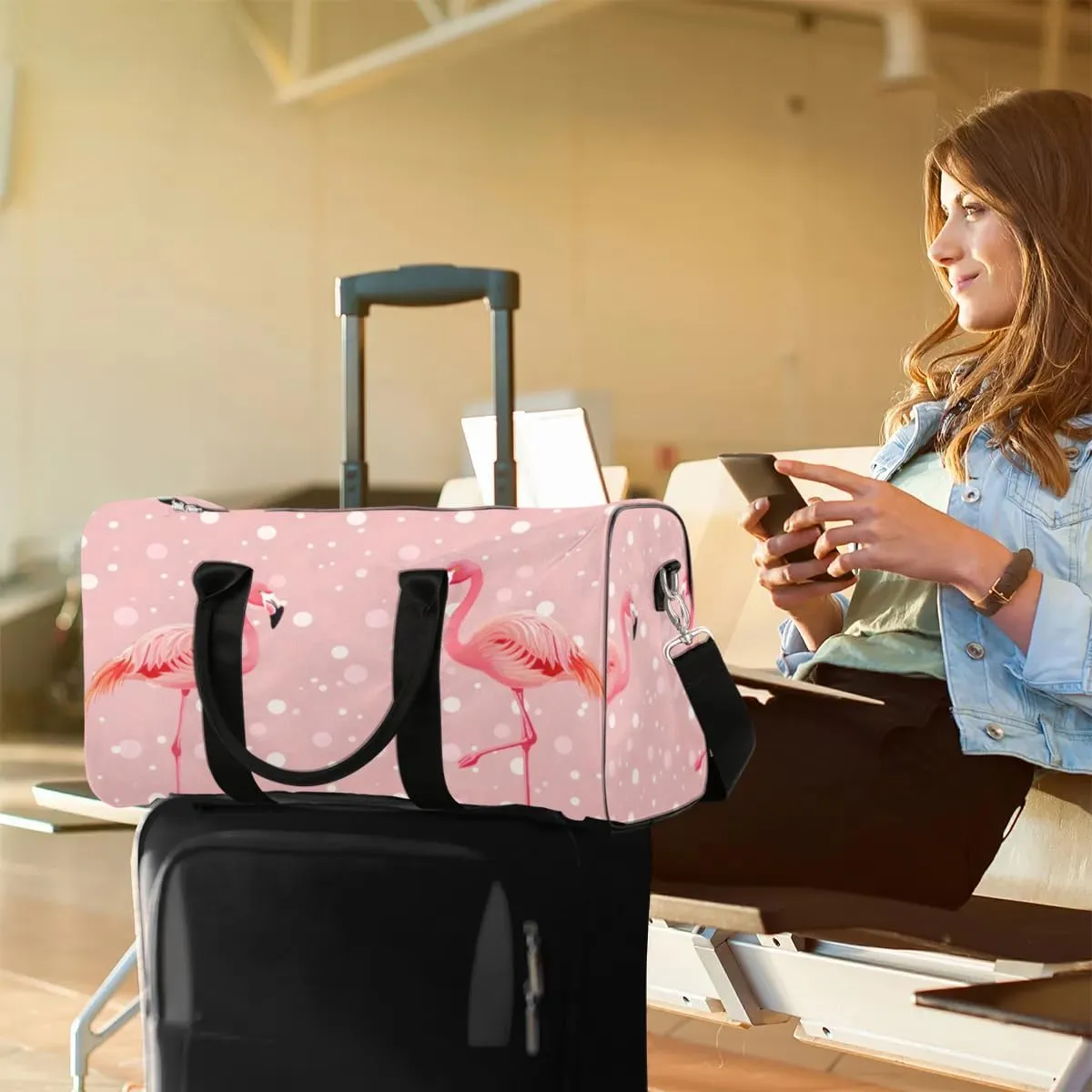 Travel Duffel Bag, Polka Dot Watercolor Flamingo Sports Tote Gym Bag Foldable Western Aztec Weekender Bag Carry on Luggage Handle Bag Overnight Shoulder Bag for Women Men,A-428