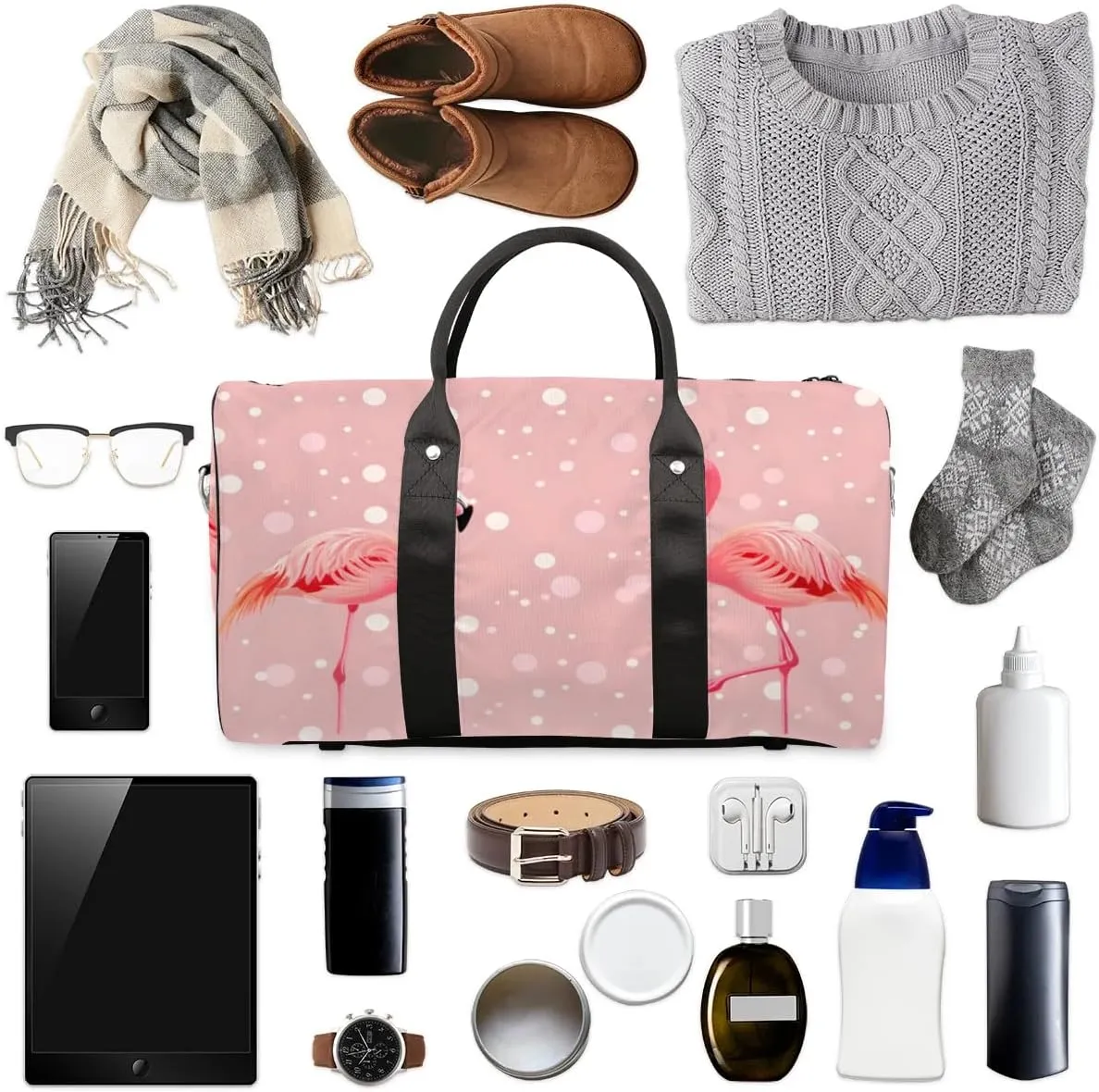 Travel Duffel Bag, Polka Dot Watercolor Flamingo Sports Tote Gym Bag Foldable Western Aztec Weekender Bag Carry on Luggage Handle Bag Overnight Shoulder Bag for Women Men,A-428