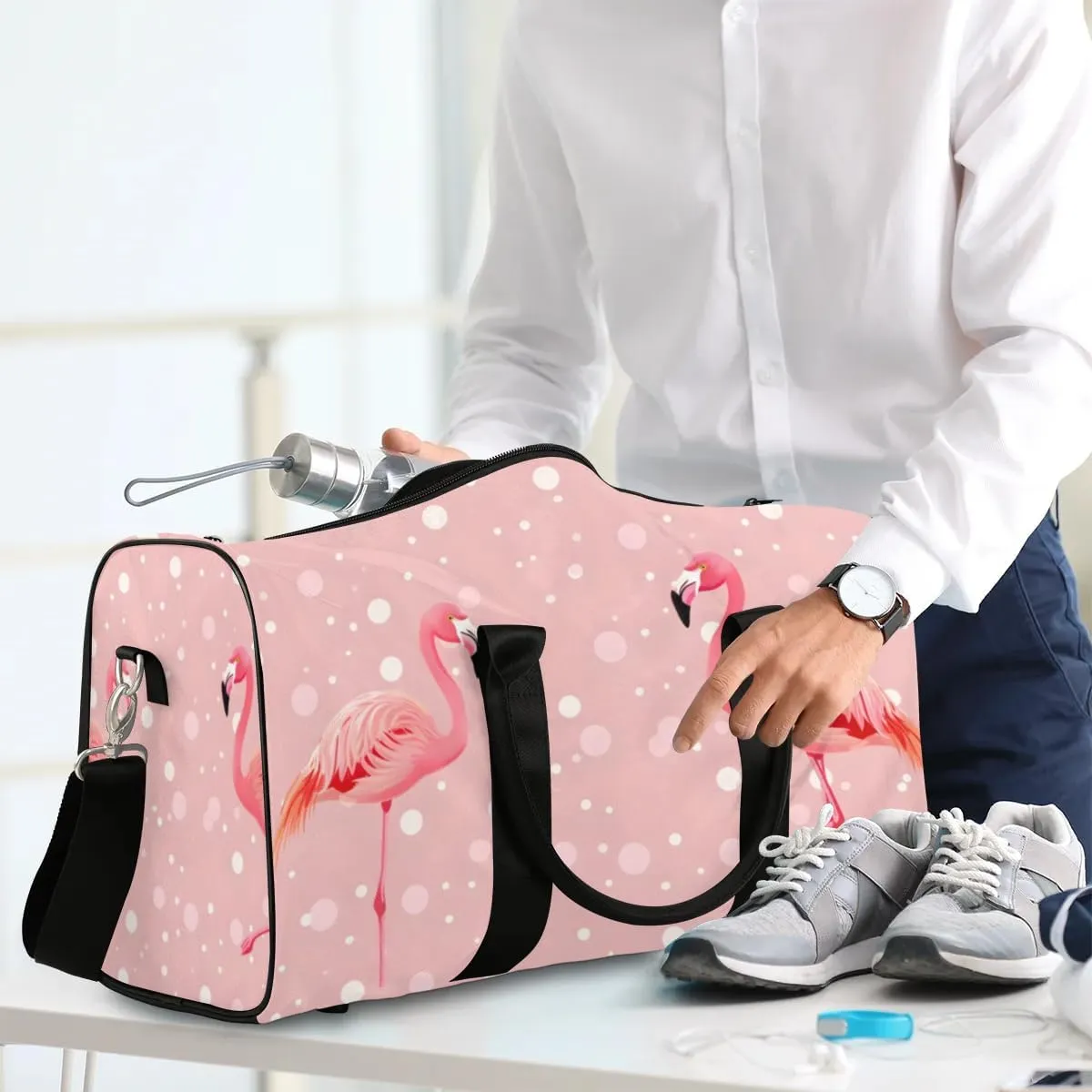 Travel Duffel Bag, Polka Dot Watercolor Flamingo Sports Tote Gym Bag Foldable Western Aztec Weekender Bag Carry on Luggage Handle Bag Overnight Shoulder Bag for Women Men,A-428