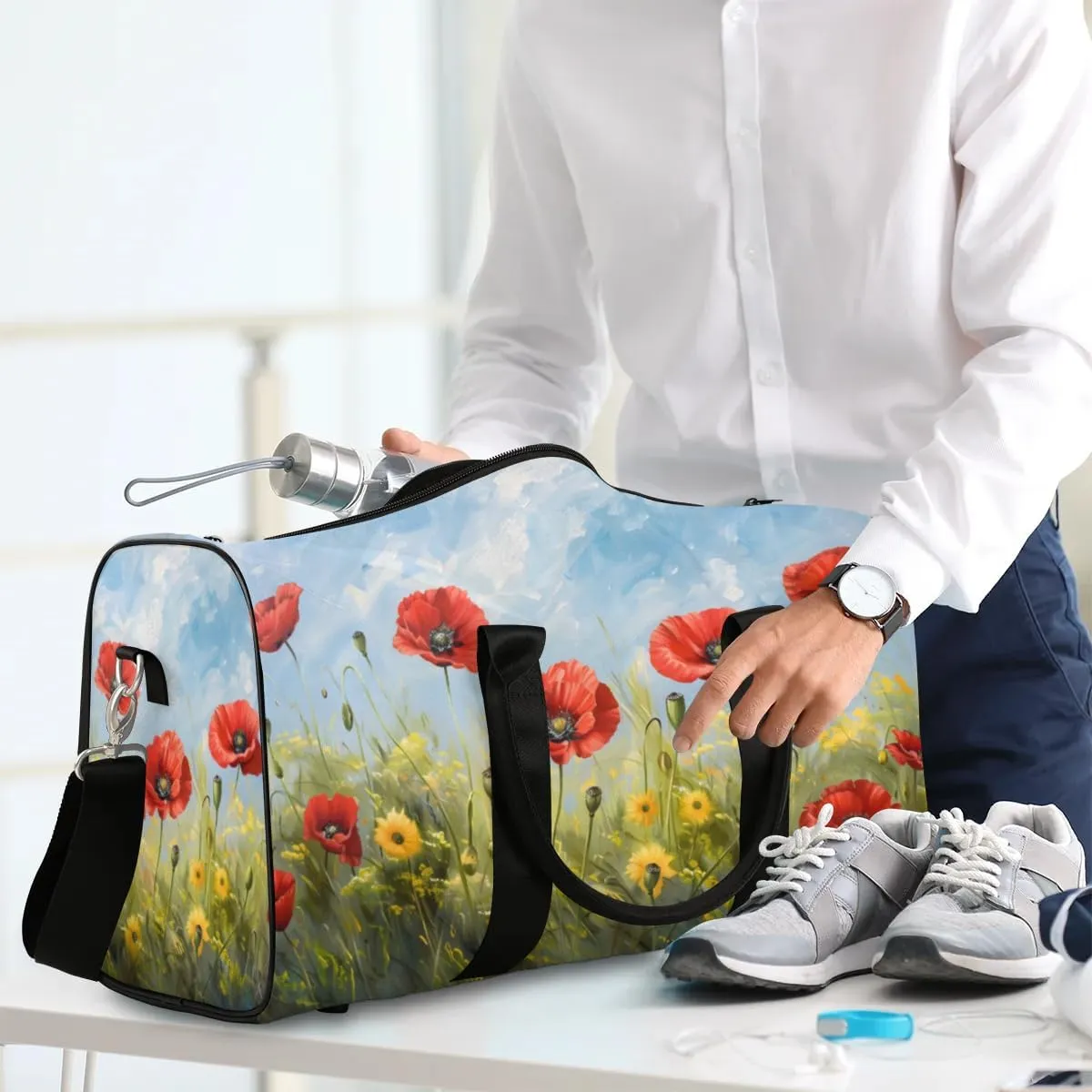 Travel Duffel Bag, Poppy Flower Floral Oil Painting Sports Tote Gym Bag Foldable Western Aztec Weekender Bag Carry on Luggage Handle Bag Overnight Shoulder Bag for Women Men,A-430