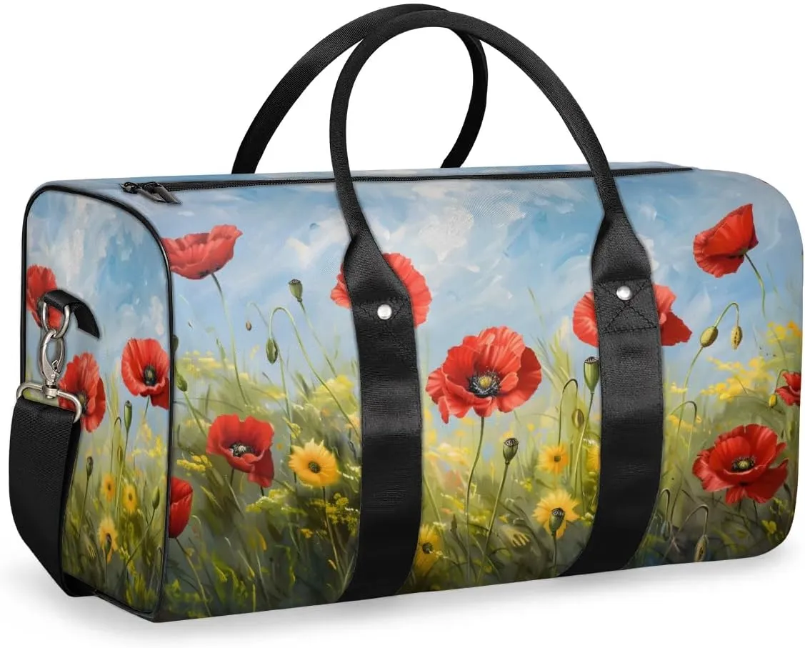 Travel Duffel Bag, Poppy Flower Floral Oil Painting Sports Tote Gym Bag Foldable Western Aztec Weekender Bag Carry on Luggage Handle Bag Overnight Shoulder Bag for Women Men,A-430