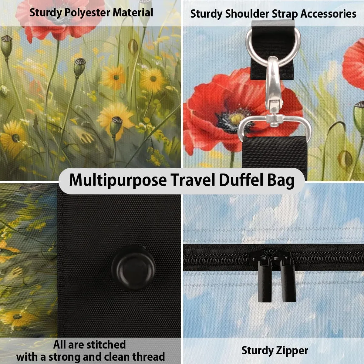 Travel Duffel Bag, Poppy Flower Floral Oil Painting Sports Tote Gym Bag Foldable Western Aztec Weekender Bag Carry on Luggage Handle Bag Overnight Shoulder Bag for Women Men,A-430