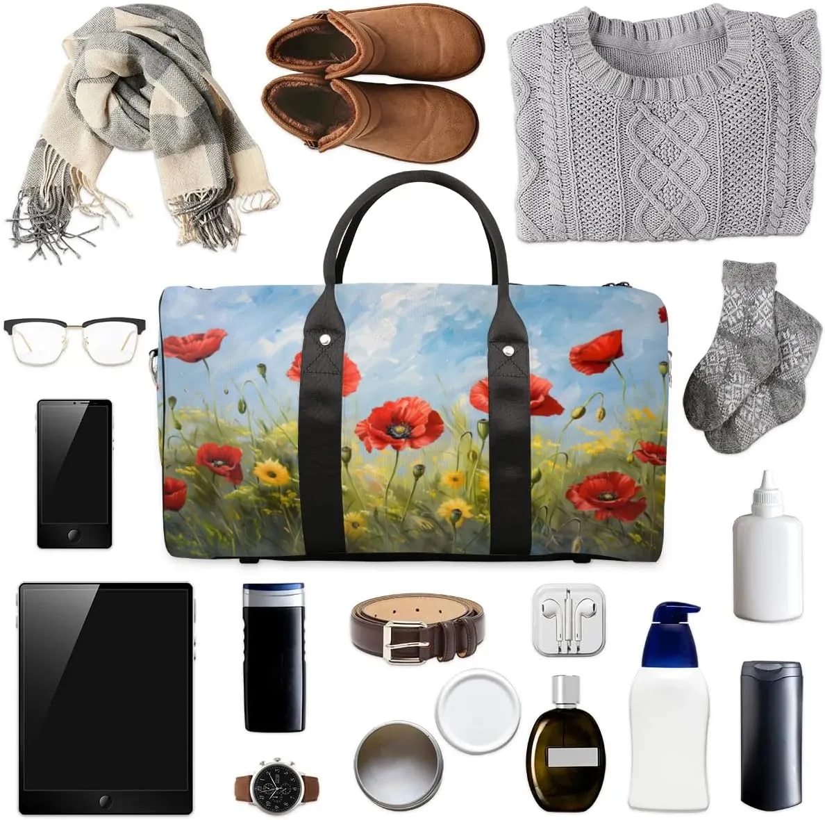 Travel Duffel Bag, Poppy Flower Floral Oil Painting Sports Tote Gym Bag Foldable Western Aztec Weekender Bag Carry on Luggage Handle Bag Overnight Shoulder Bag for Women Men,A-430