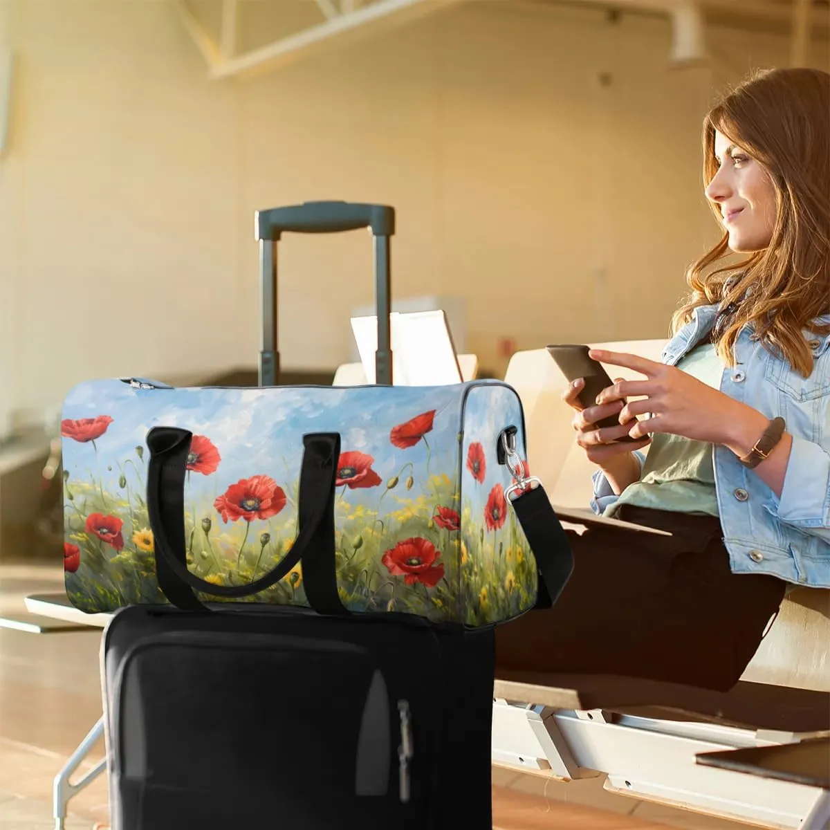Travel Duffel Bag, Poppy Flower Floral Oil Painting Sports Tote Gym Bag Foldable Western Aztec Weekender Bag Carry on Luggage Handle Bag Overnight Shoulder Bag for Women Men,A-430