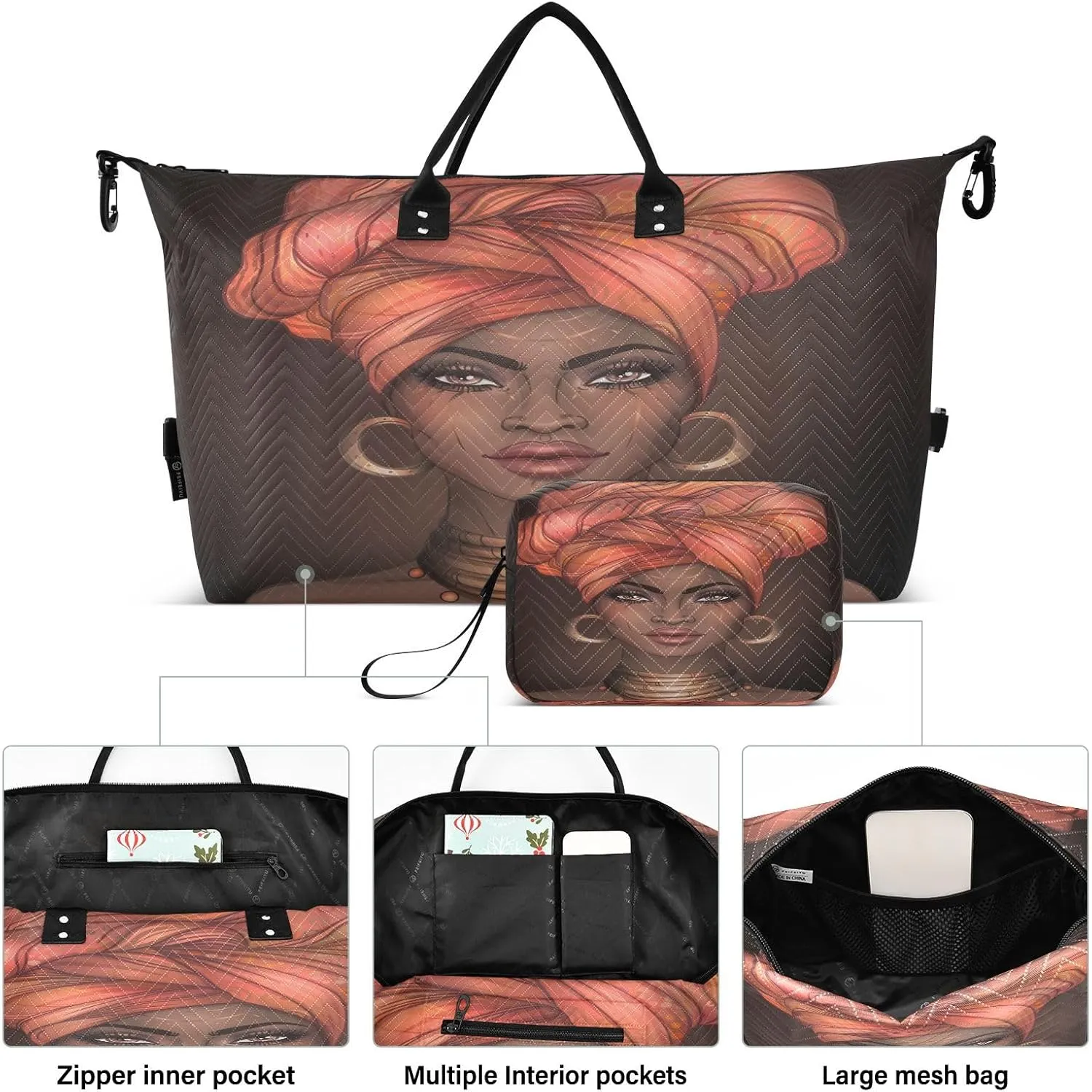 Travel Duffle Bag Weekender Bags Overnight Bag with Toiletry Bag Gym Duffel Bag African Woman for Travel Business Trips Sport