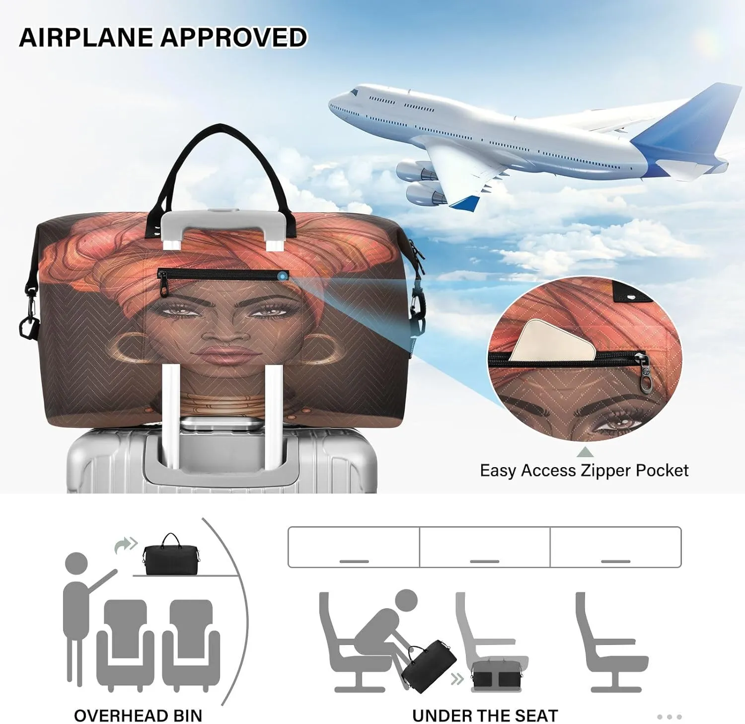 Travel Duffle Bag Weekender Bags Overnight Bag with Toiletry Bag Gym Duffel Bag African Woman for Travel Business Trips Sport