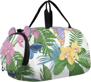 Tropical Leaves Orchids and Butterflies Gym Travel Duffel Bag with Shoe Compartment for Boys Girls - Gymnastics Sports Dance Football Travel Bag Teens Weekender Sleepover