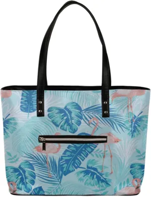 Tropical Vegetation Flamingo Tote Bag Women Shoulder Handbags PU Leather Everyday Bag with External Pocket Large Capacity Aesthetic Corduroy Tote Bag for Travel Work Party