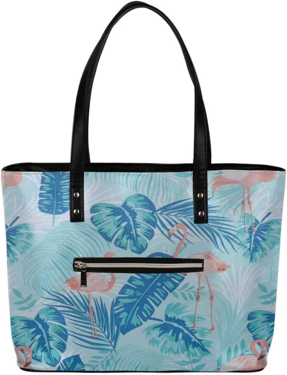 Tropical Vegetation Flamingo Tote Bag Women Shoulder Handbags PU Leather Everyday Bag with External Pocket Large Capacity Aesthetic Corduroy Tote Bag for Travel Work Party