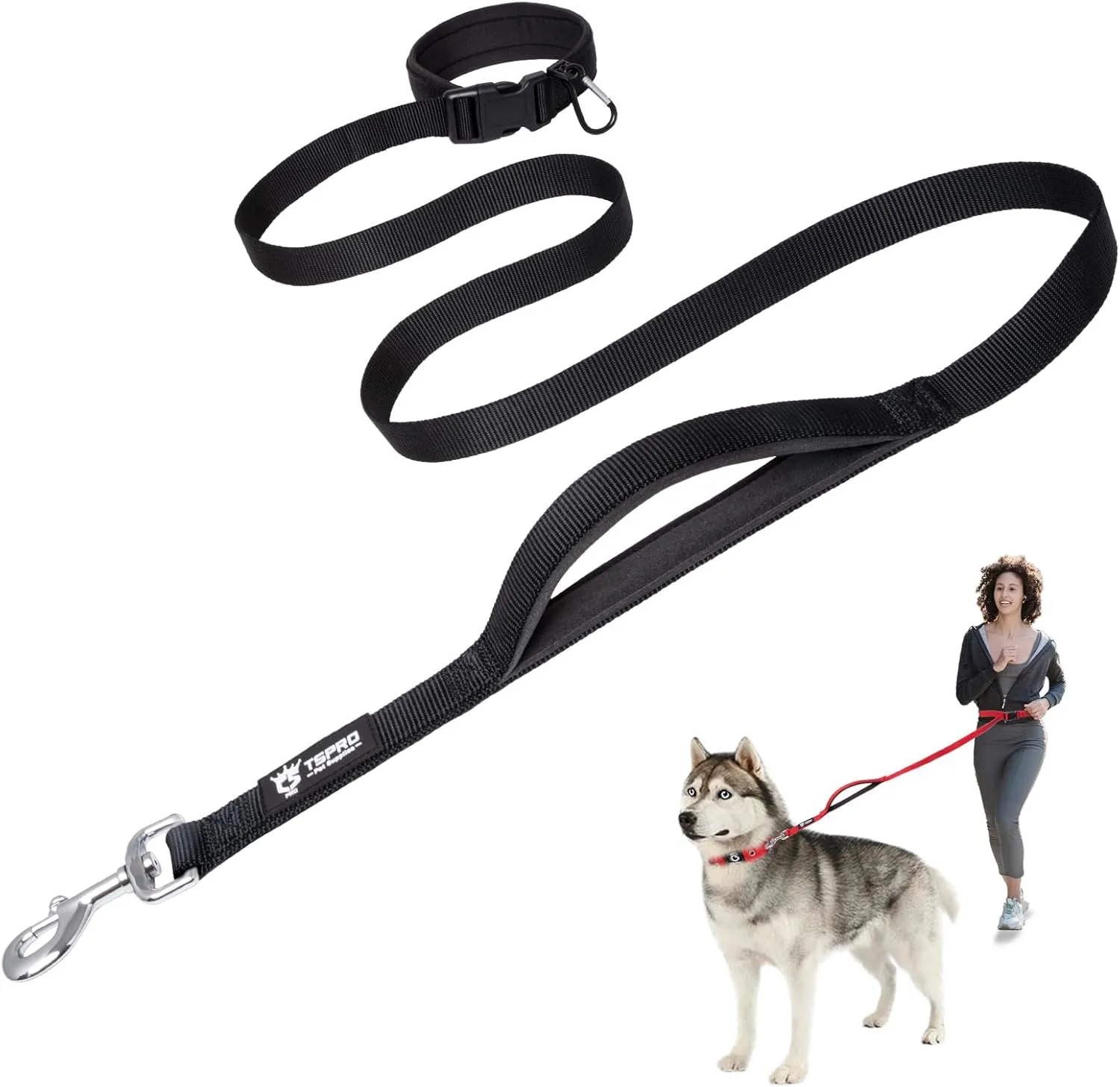 TSPRO Hands Free Dog Leash for Medium to Large Dogs, Adjustable Durable Leash with Comfortable Safety Padded Handle, Heavy Duty Metal Clasp for Walking, Running, Training (Black)