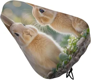 Two Little Cute Rabbits Bike Seat Cover Water-Repellent Exercise Bike Seat Cushion Bicycle Saddle Cover with Drawstring Rain Snow Dust Covers for City Mountain Road Biking