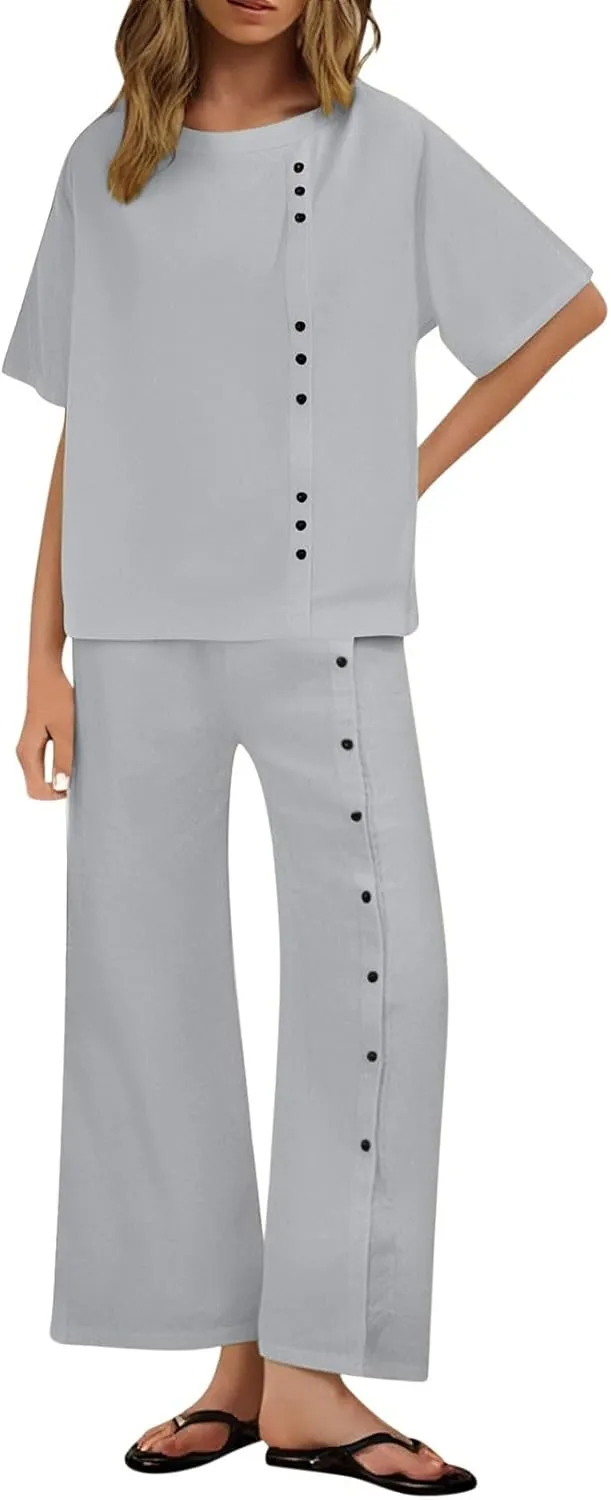 Two Piece Sets for Women Summer Cotton Linen Casual Button Crewneck Short Sleeve Tops High Waist Wide Leg Pants Sets