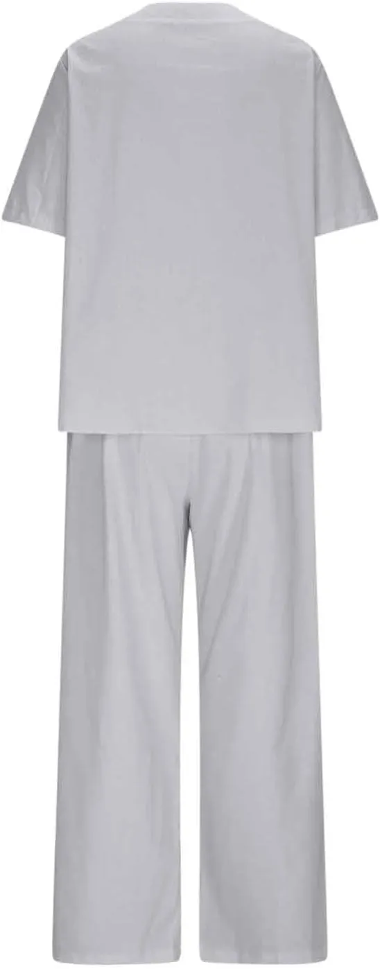 Two Piece Sets for Women Summer Cotton Linen Casual Button Crewneck Short Sleeve Tops High Waist Wide Leg Pants Sets