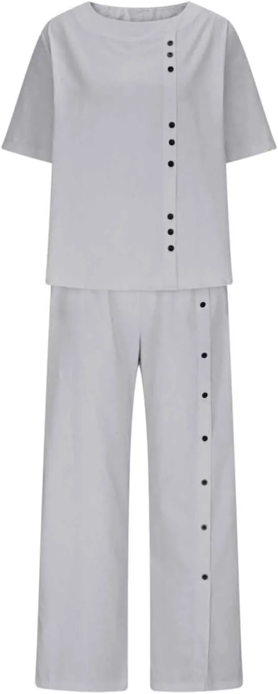 Two Piece Sets for Women Summer Cotton Linen Casual Button Crewneck Short Sleeve Tops High Waist Wide Leg Pants Sets