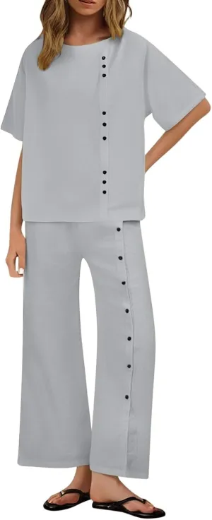 Two Piece Sets for Women Summer Cotton Linen Casual Button Crewneck Short Sleeve Tops High Waist Wide Leg Pants Sets