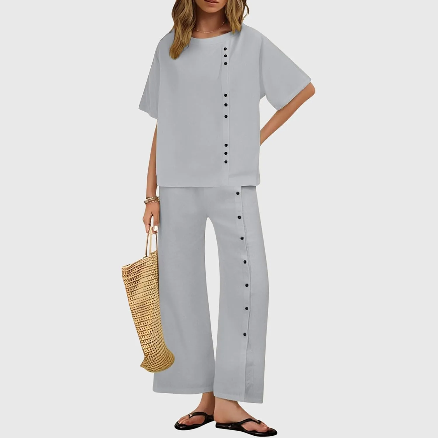 Two Piece Sets for Women Summer Cotton Linen Casual Button Crewneck Short Sleeve Tops High Waist Wide Leg Pants Sets