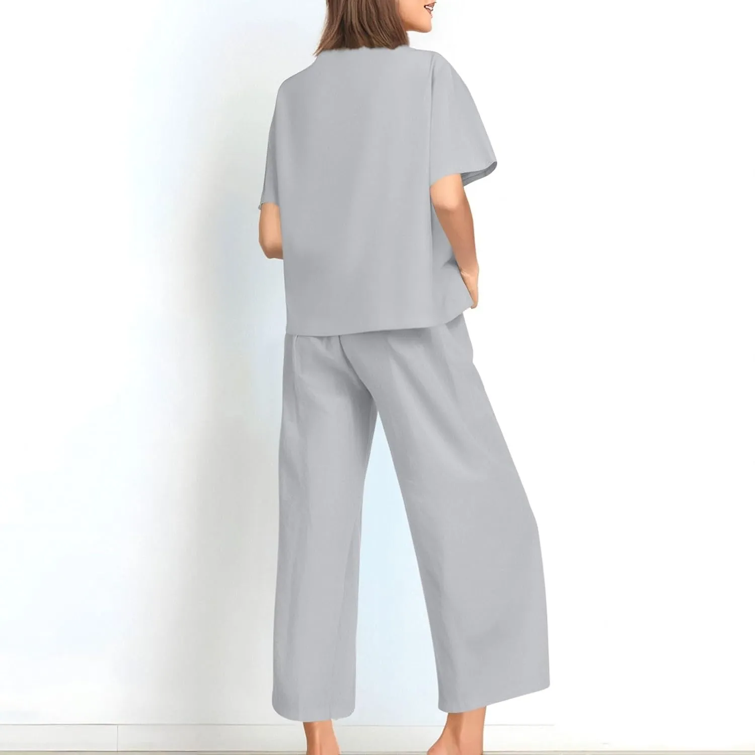 Two Piece Sets for Women Summer Cotton Linen Casual Button Crewneck Short Sleeve Tops High Waist Wide Leg Pants Sets