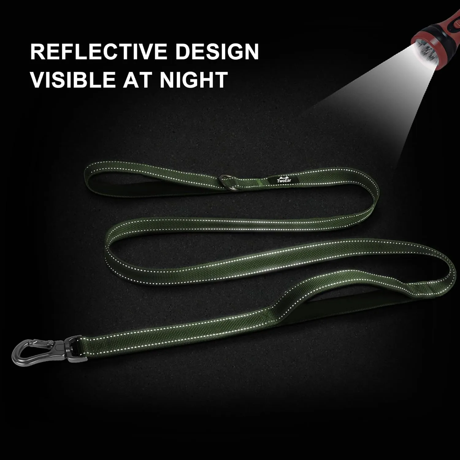 TwoEar 4FT 1IN Strong Green Dog Leash with 2 Padded Handles, Traffic Handle Extra Control, Comfortable Soft Dual Handle, Auto Lock Hook, Reflective Walking Lead for Small Medium and Large Dogs