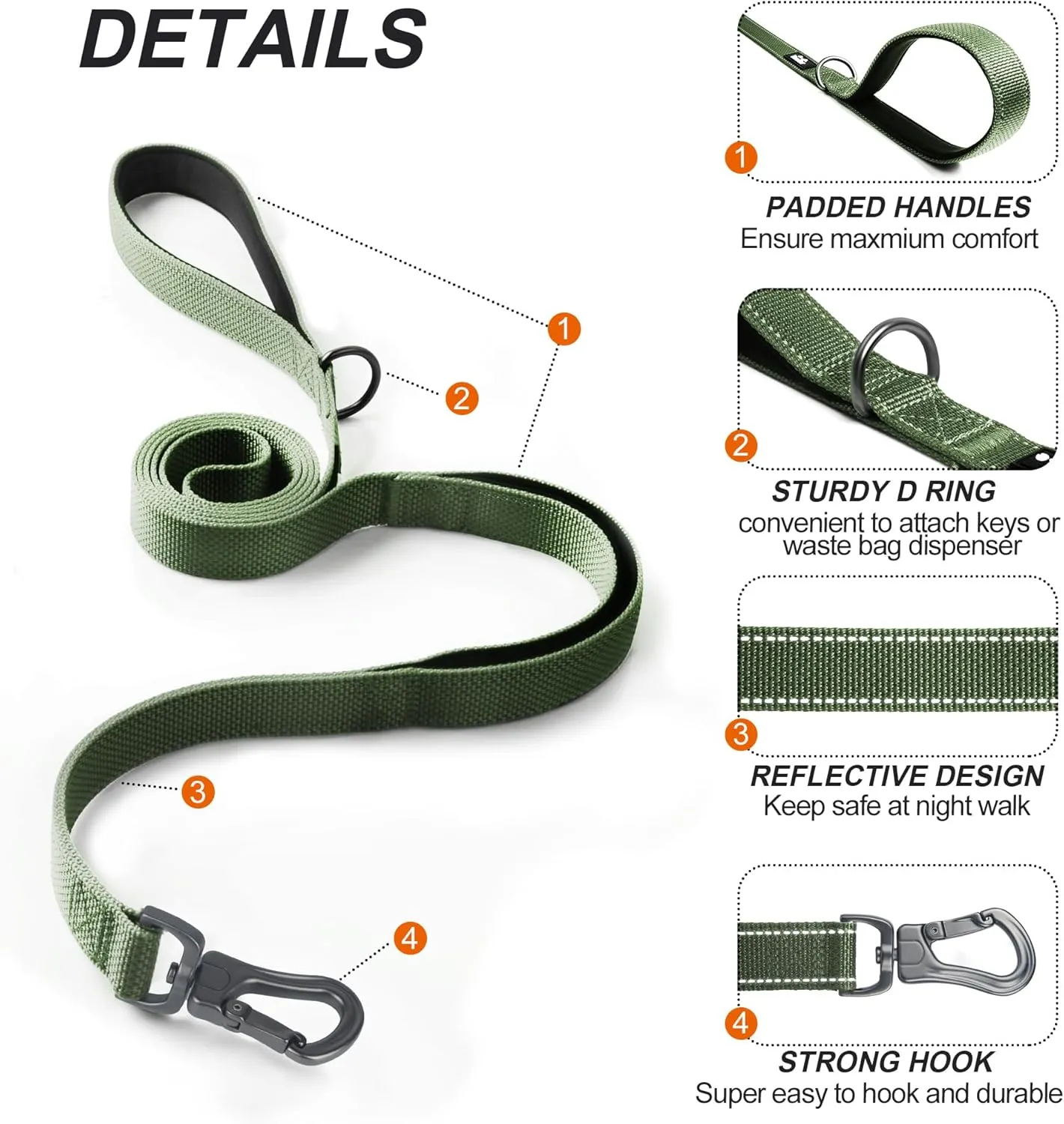 TwoEar 4FT 1IN Strong Green Dog Leash with 2 Padded Handles, Traffic Handle Extra Control, Comfortable Soft Dual Handle, Auto Lock Hook, Reflective Walking Lead for Small Medium and Large Dogs