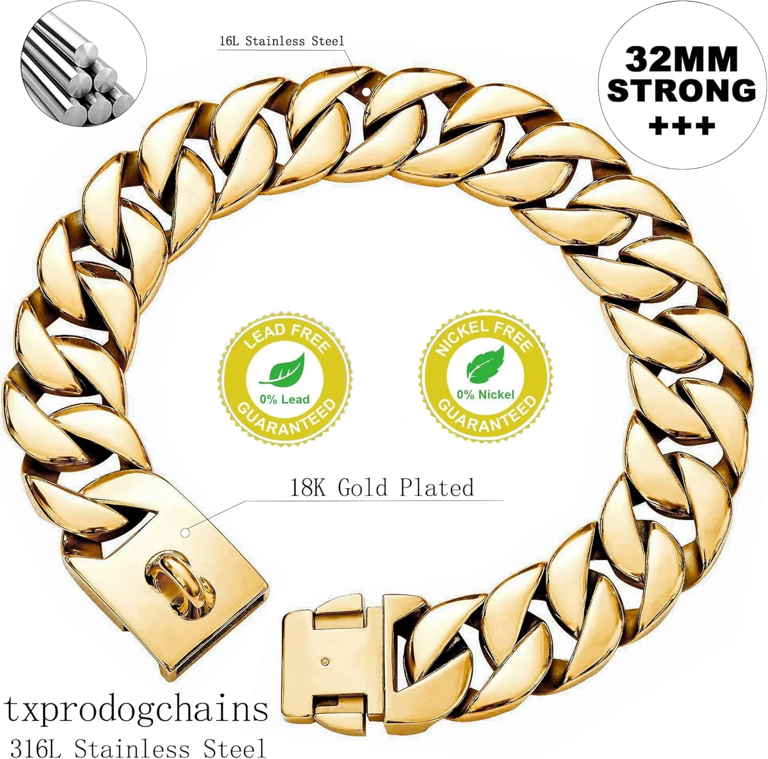 txprodogchains Big Dog Chain Collar with Buckle Strong Heavy Duty 32MM Thick Wide Stainless Steel Metal 18K Gold Cuban Link Chain Collar for Large Dogs