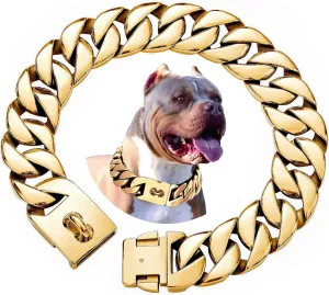 txprodogchains Big Dog Chain Collar with Buckle Strong Heavy Duty 32MM Thick Wide Stainless Steel Metal 18K Gold Cuban Link Chain Collar for Large Dogs