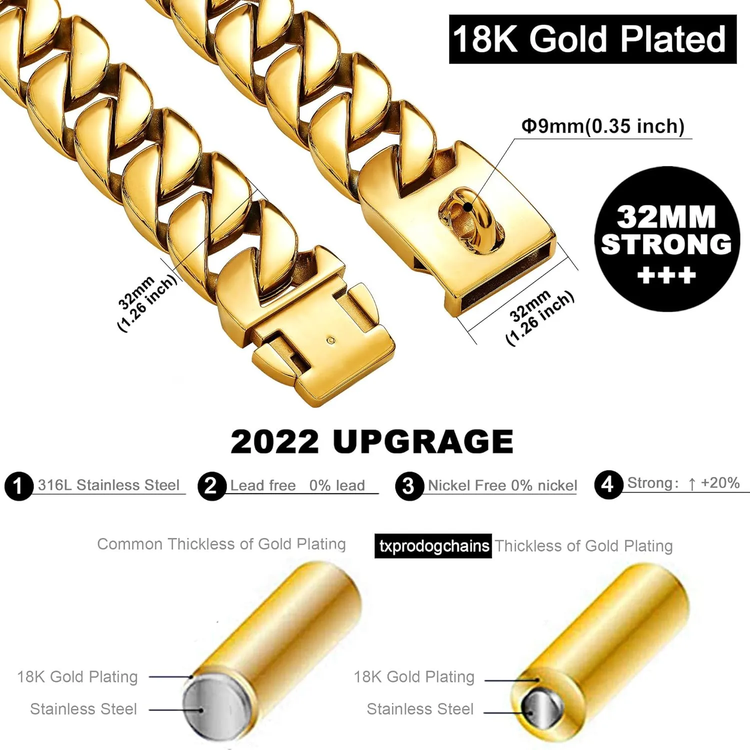 txprodogchains Big Dog Chain Collar with Buckle Strong Heavy Duty 32MM Thick Wide Stainless Steel Metal 18K Gold Cuban Link Chain Collar for Large Dogs