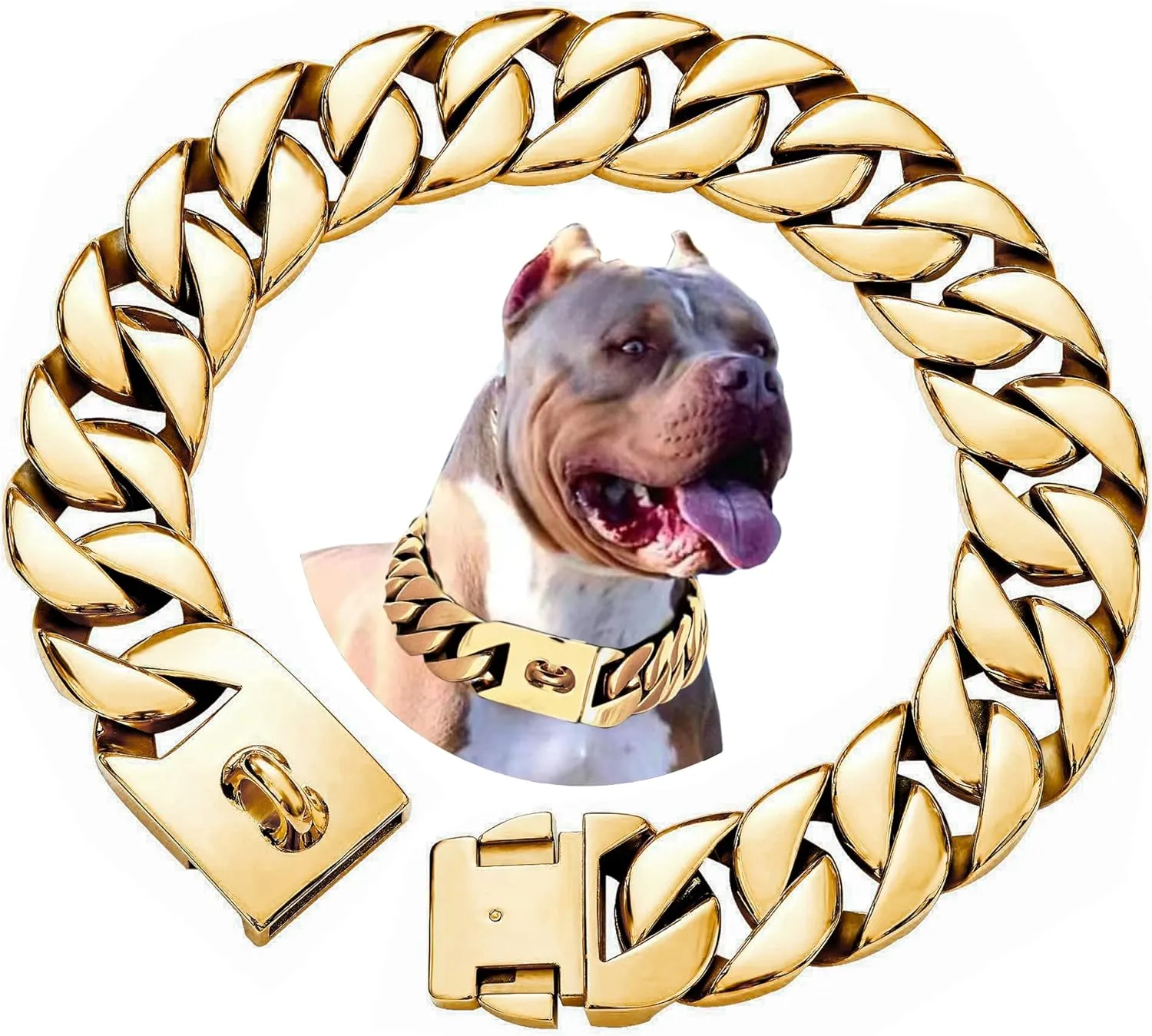 txprodogchains Big Dog Chain Collar with Buckle Strong Heavy Duty 32MM Thick Wide Stainless Steel Metal 18K Gold Cuban Link Chain Collar for Large Dogs