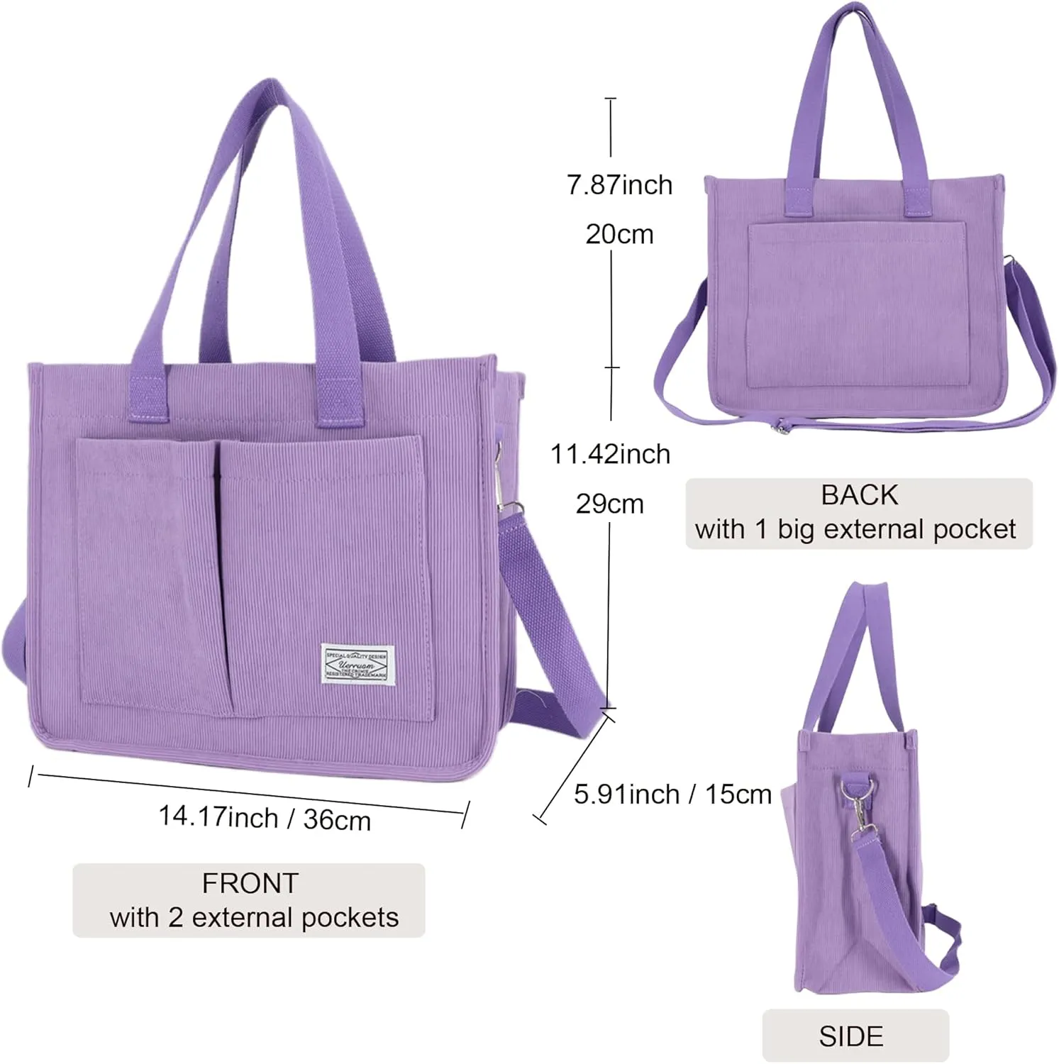 UERRUAM Tote Bag for Women with Pockets,Large Corduroy Crossbody Purse for Laptop,Work,College,Everyday,Travel