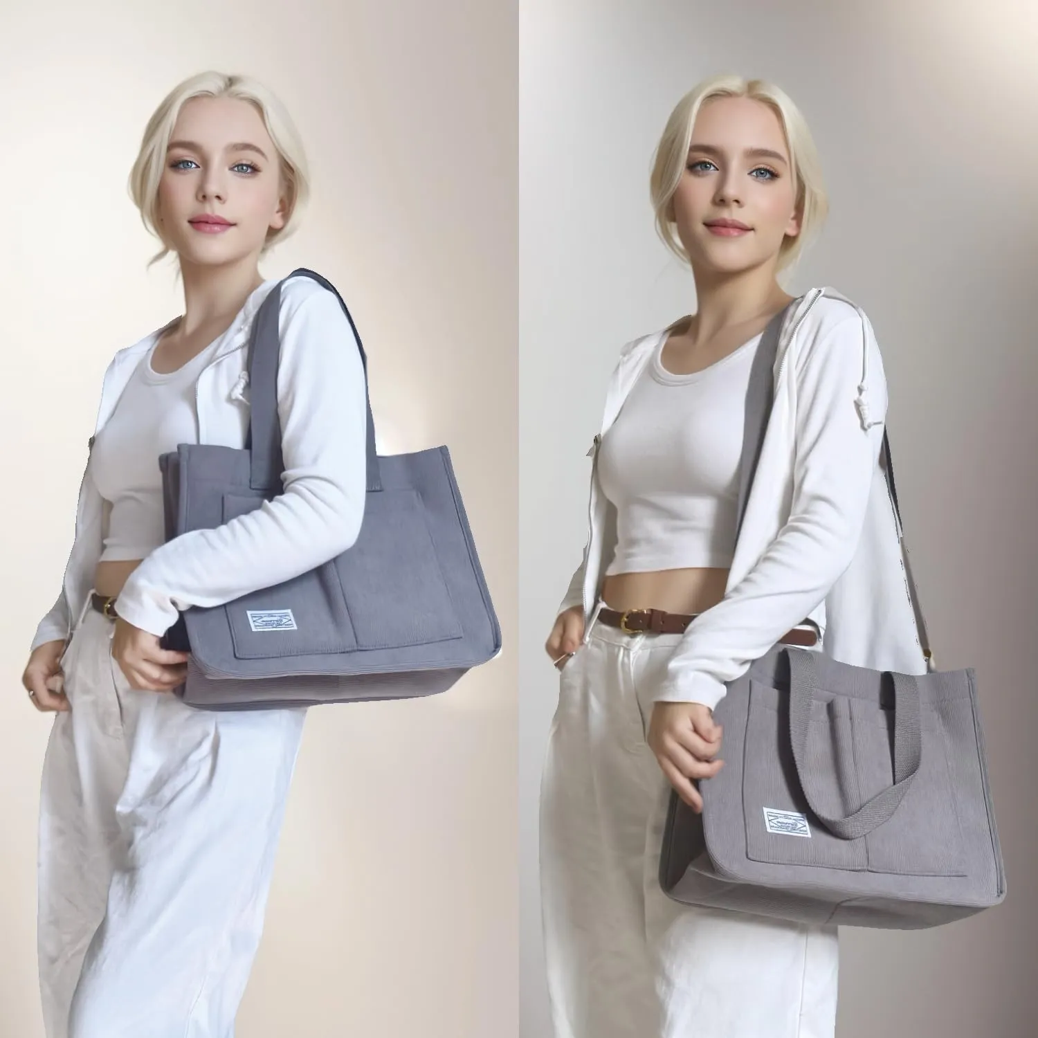 UERRUAM Tote Bag for Women with Pockets,Large Corduroy Crossbody Purse for Laptop,Work,College,Everyday,Travel