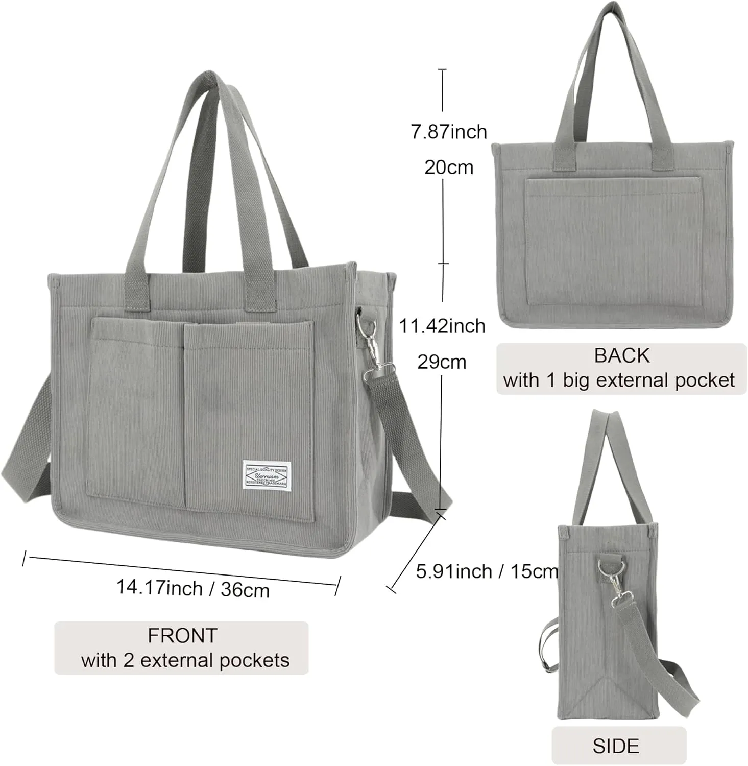 UERRUAM Tote Bag for Women with Pockets,Large Corduroy Crossbody Purse for Laptop,Work,College,Everyday,Travel