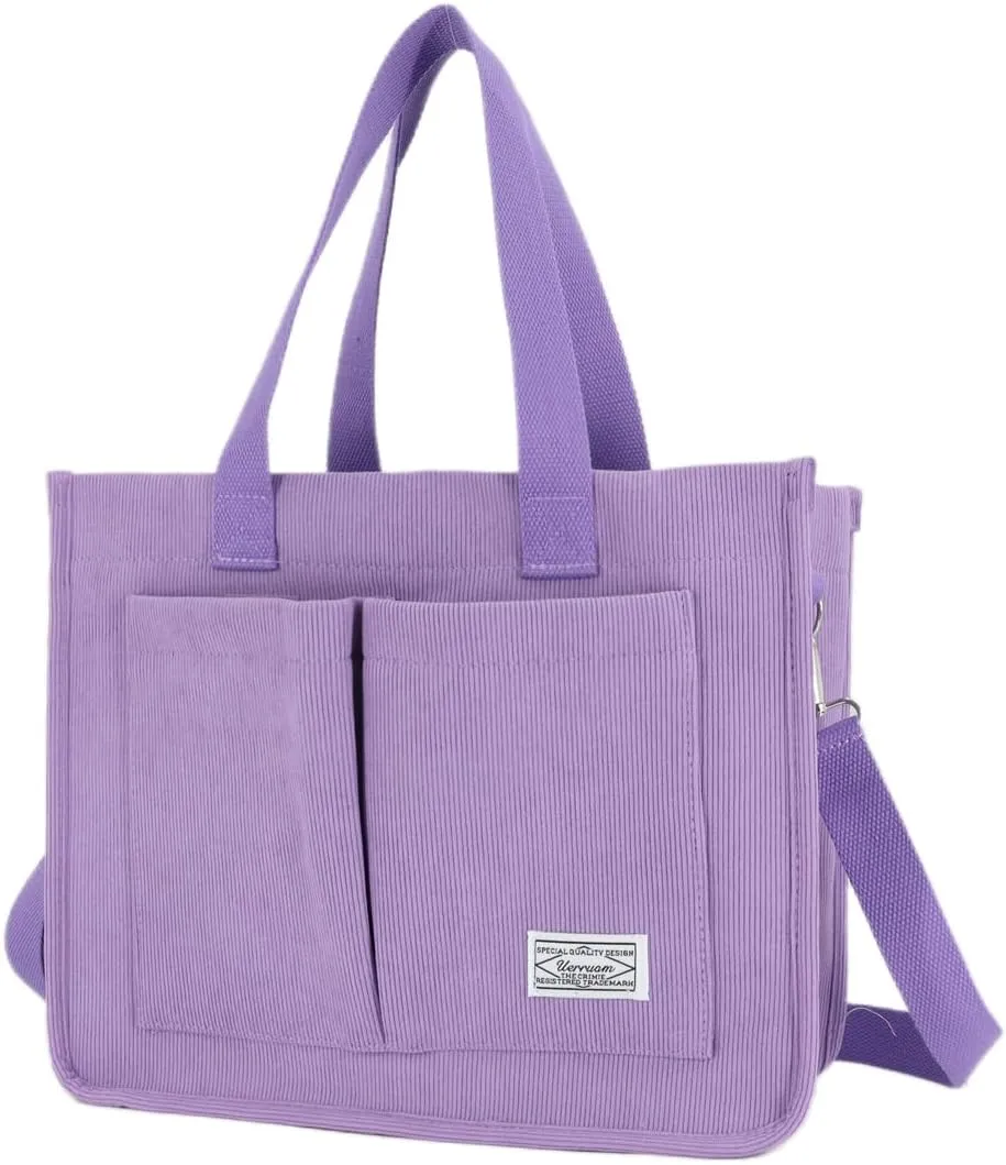 UERRUAM Tote Bag for Women with Pockets,Large Corduroy Crossbody Purse for Laptop,Work,College,Everyday,Travel