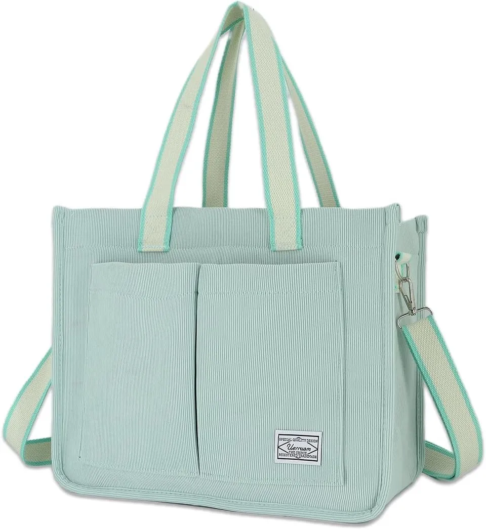 UERRUAM Tote Bag for Women with Pockets,Large Corduroy Crossbody Purse for Laptop,Work,College,Everyday,Travel