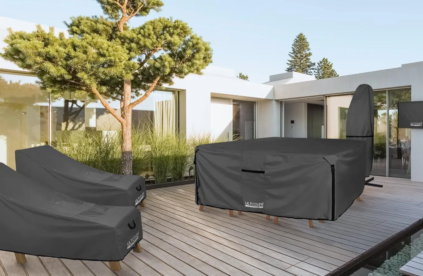 ULTCOVER 600D Tough Canvas Heavy Duty Rectangular Patio Table and Chair Cover - Waterproof Outdoor General Purpose Furniture Covers 111 x 74 inch, Black
