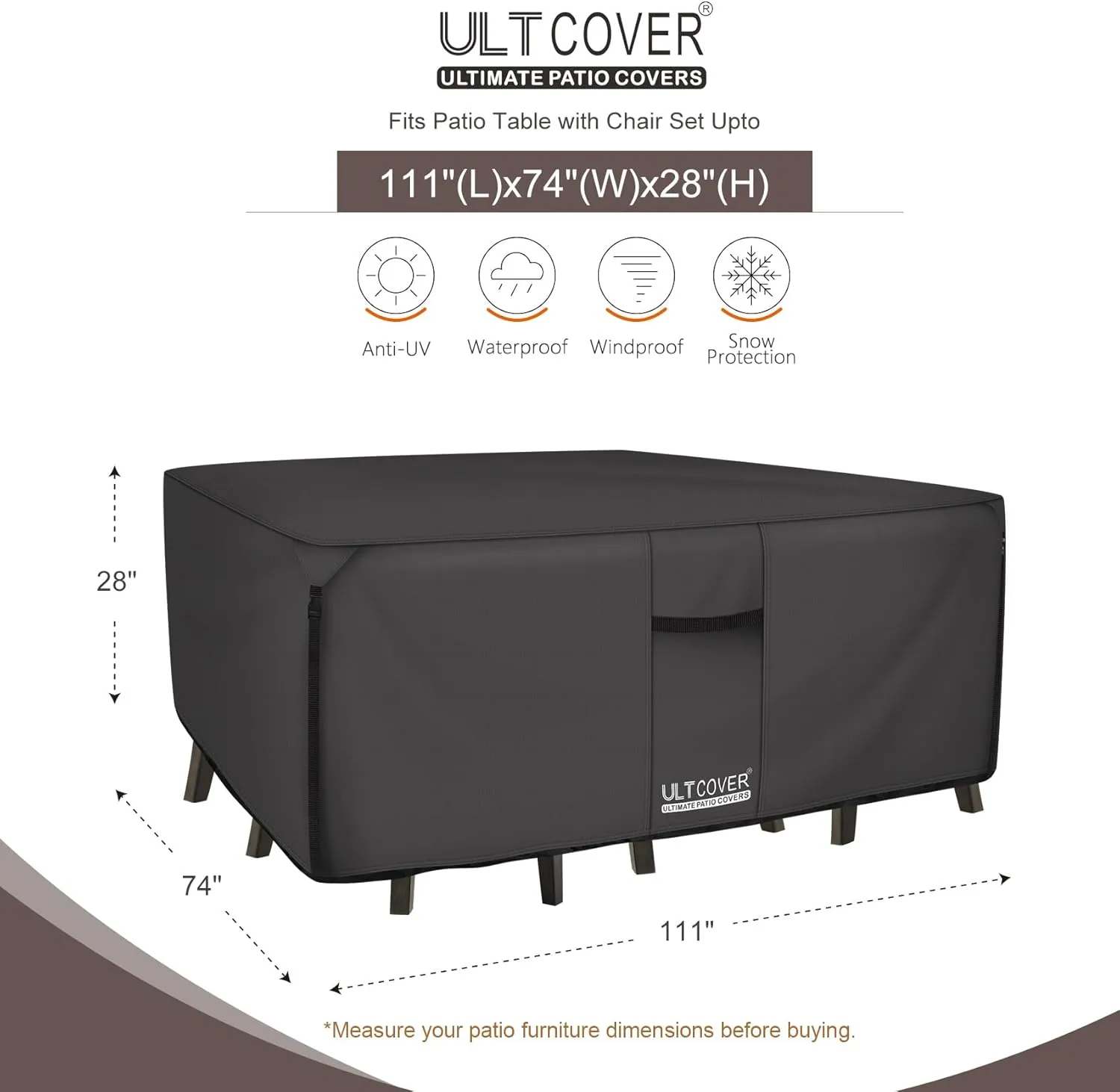 ULTCOVER 600D Tough Canvas Heavy Duty Rectangular Patio Table and Chair Cover - Waterproof Outdoor General Purpose Furniture Covers 111 x 74 inch, Black