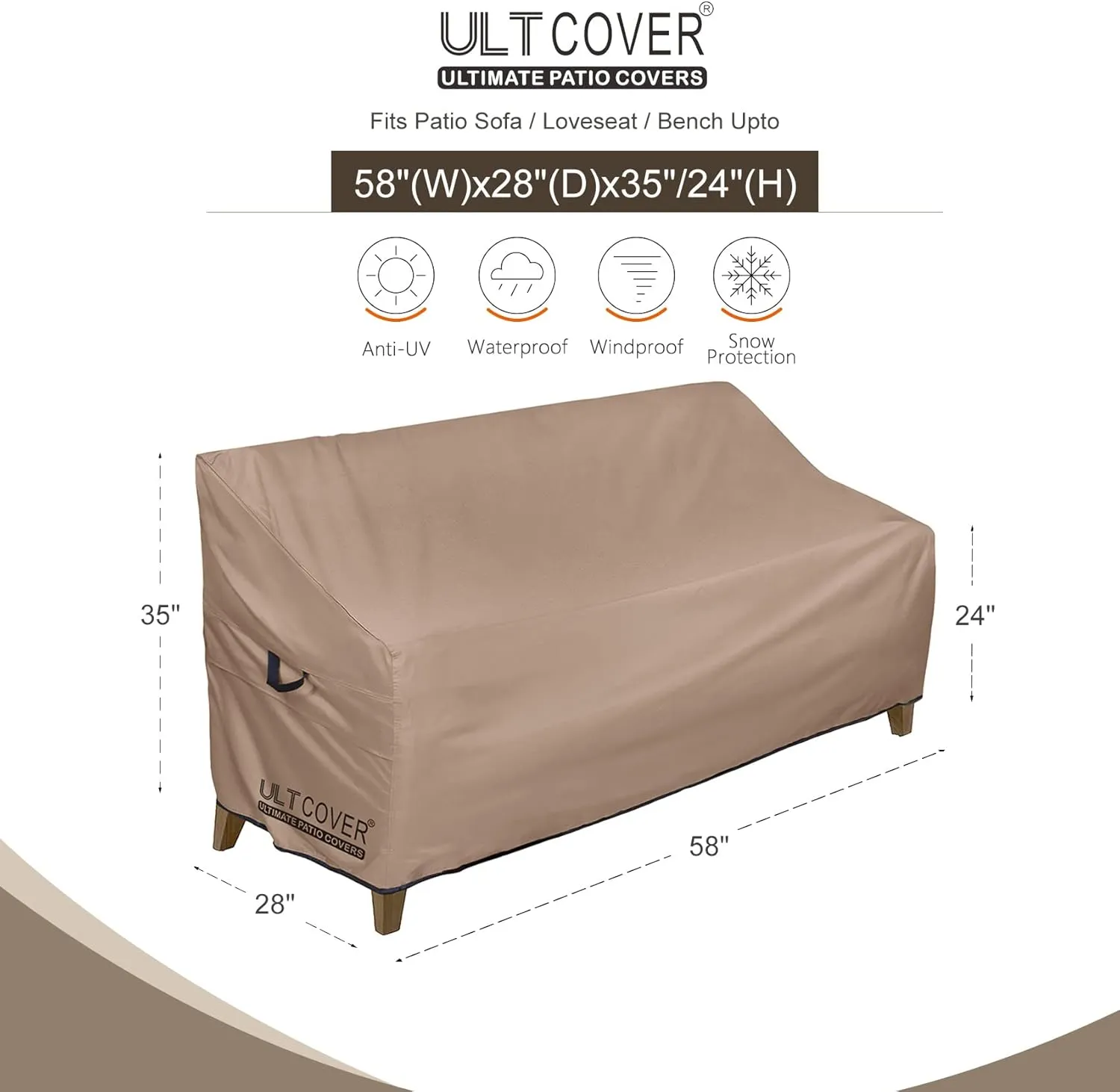 ULTCOVER Waterproof Outdoor Sofa Cover - Heavy Duty Patio Bench Covers 58W x 28D x 35H inch