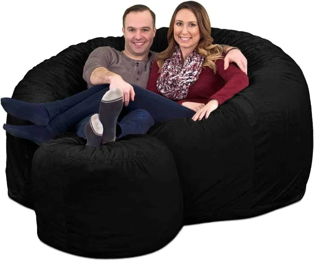 ULTIMATE SACK Bean Bag Chair Footstool Ottoman; Foam Filled Furniture, Machine Washable Covers, Double Stitched Durable Inner Liner, Multiple Colors & Fabrics Available. (Black Suede)