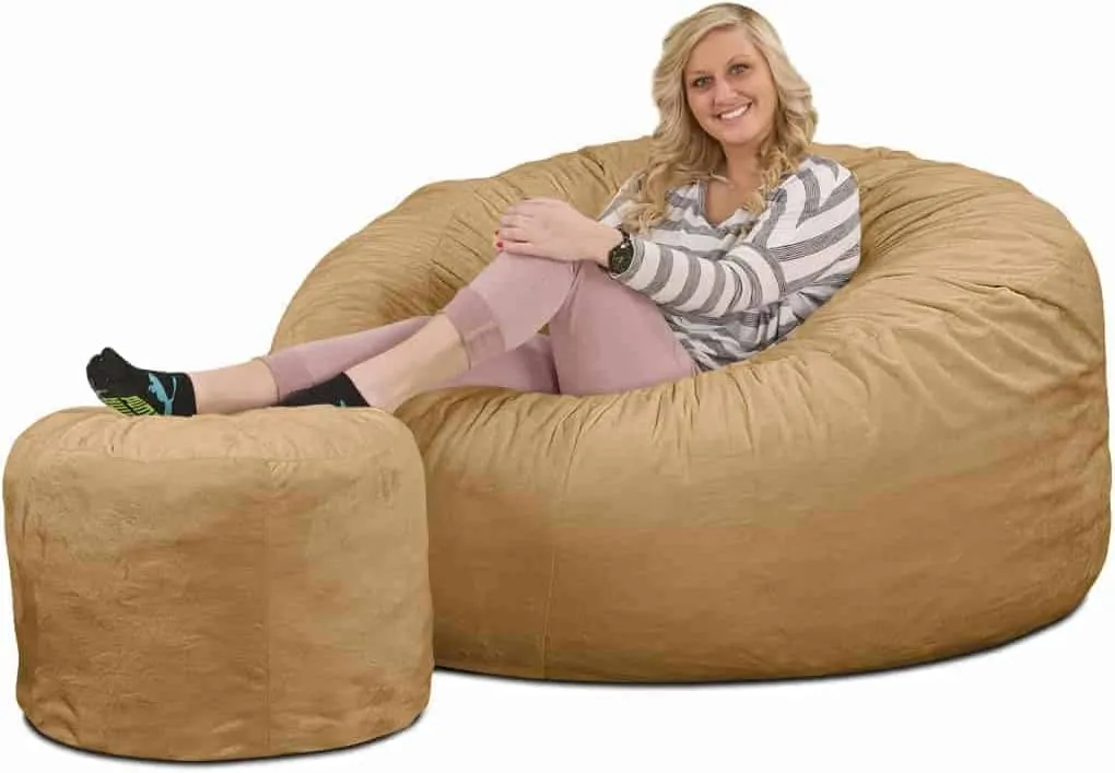 ULTIMATE SACK Bean Bag Chair Footstool Ottoman; Foam Filled Furniture, Machine Washable Covers, Double Stitched Durable Inner Liner, Multiple Colors & Fabrics Available. (Camel Suede)